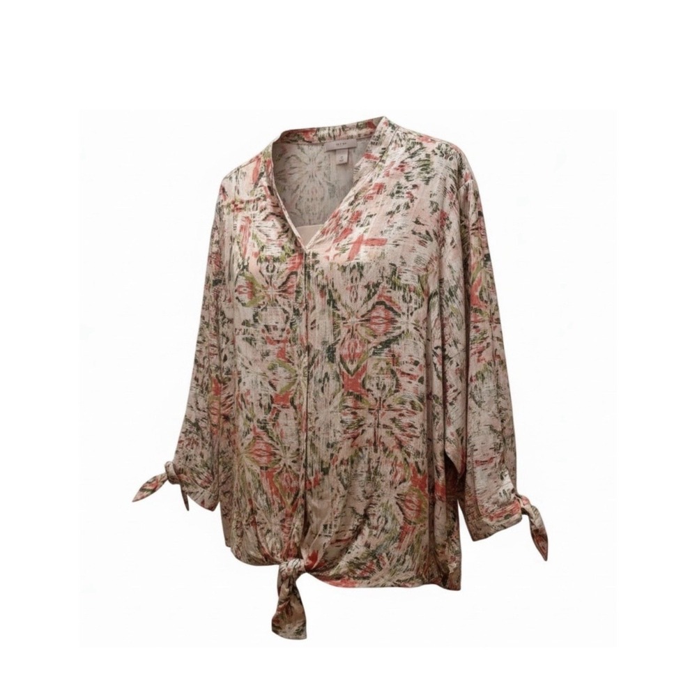 Allison Daley Woman 1X Blouse New Coral Green Abstract Ikat Tie Front Rayon Top